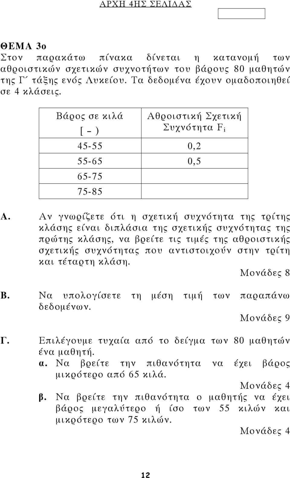 Αν γνωρίζετε ότι η σχετική συχνότητα της τρίτης κλάσης είναι διπλάσια της σχετικής συχνότητας της πρώτης κλάσης, να βρείτε τις τιµές της αθροιστικής σχετικής συχνότητας που αντιστοιχούν στην τρίτη