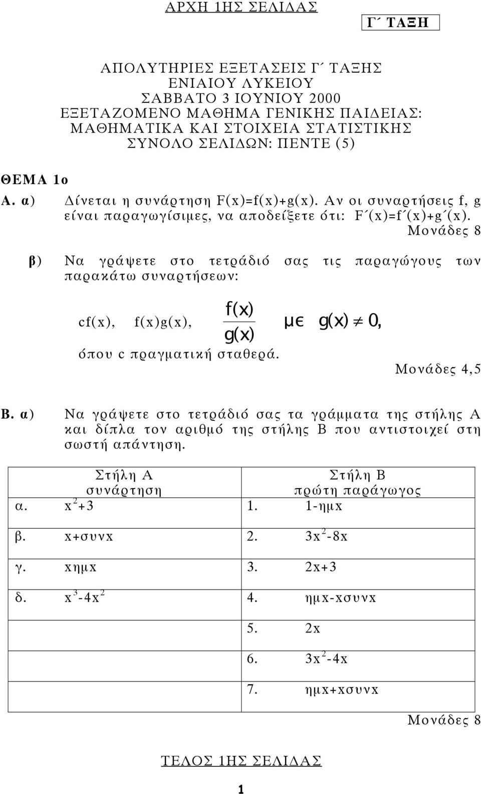 Μονάδες 8 β) Να γράψετε στο τετράδιό σας τις παραγώγους των παρακάτω συναρτήσεων: f(x) g(x) cf(x), f(x)g(x), με g(x) 0, όπου c πραγματική σταθερά. Μονάδες 4,5 Β.