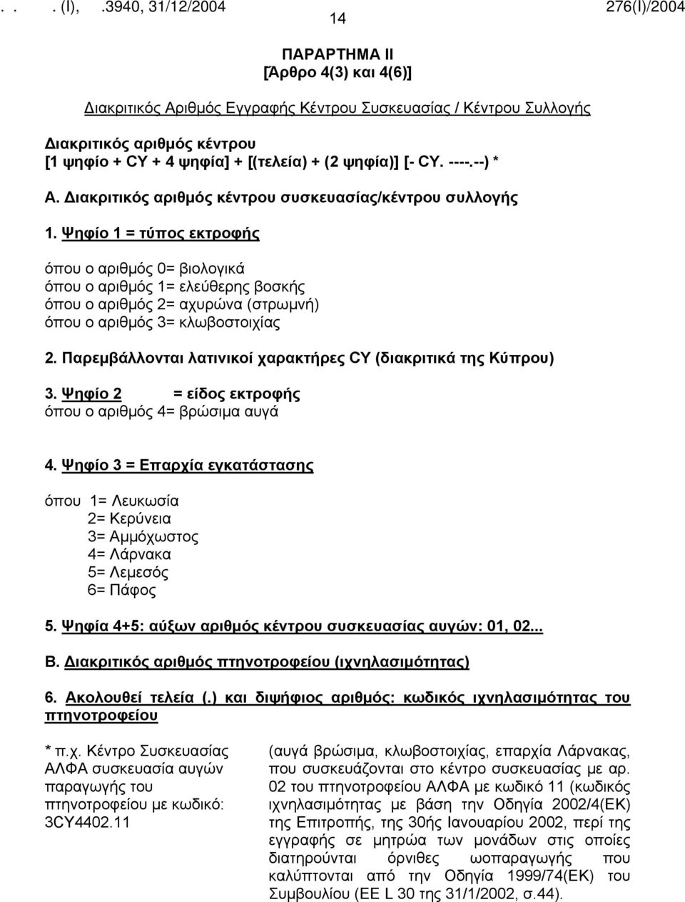 Ψηφίο 1 = τύπος εκτροφής όπου ο αριθμός 0= βιολογικά όπου ο αριθμός 1= ελεύθερης βοσκής όπου ο αριθμός 2= αχυρώνα (στρωμνή) όπου ο αριθμός 3= κλωβοστοιχίας 2.