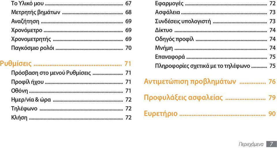 .. 72 Κλήση... 72 Εφαρμογές... 72 Ασφάλεια... 73 Συνδέσεις υπολογιστή... 73 Δίκτυο... 74 Οδηγός προφίλ... 74 Μνήμη.