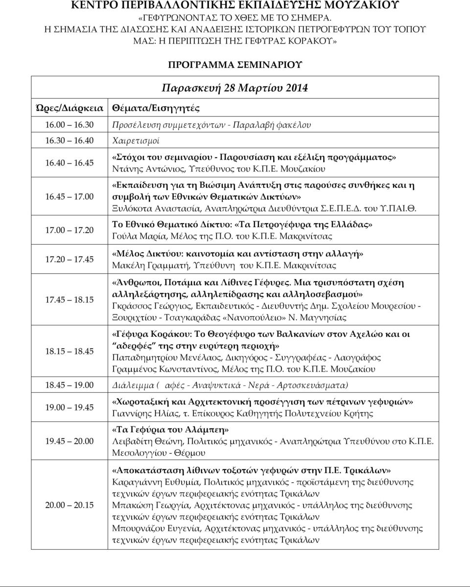 30 Προσέλευση συμμετεχόντων - Παραλαβή φακέλου 16.30 16.40 Χαιρετισμοί 16.40 16.45 16.45 17.00 17.00 17.20 «Στόχοι του σεμιναρίου - Παρουσίαση και εξέλιξη προγράμματος» Ντάνης Αντώνιος, Υπεύθυνος του Κ.