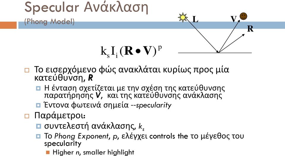 ανάκλασης Έντονα φωτεινά σημεία --specularity Παράμετροι: k ( R V) s I i συντελεστή ανάκλασης,