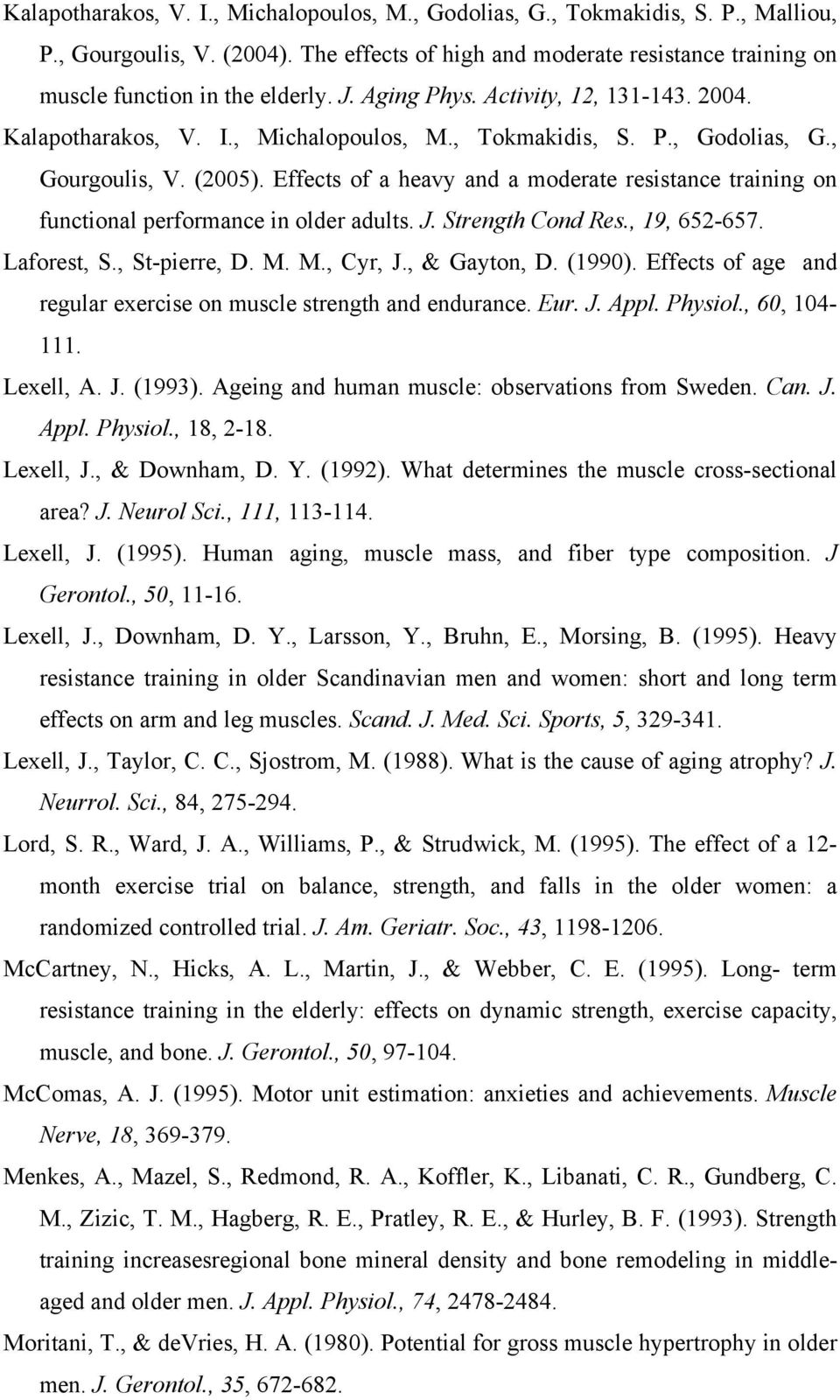Effects of a heavy and a moderate resistance training on functional performance in older adults. J. Strength Cond Res., 19, 652-657. Laforest, S., St-pierre, D. M. M., Cyr, J., & Gayton, D. (1990).