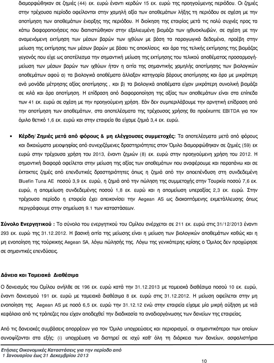 Η διοίκηση της εταιρίας μετά τις πολύ συχνές προς τα κάτω διαφοροποιήσεις που διαπιστώθηκαν στην εξαλιευμένη βιομάζα των ιχθυοκλωβών, σε σχέση με την αναμενόμενη εκτίμηση των μέσων βαρών των ιχθύων