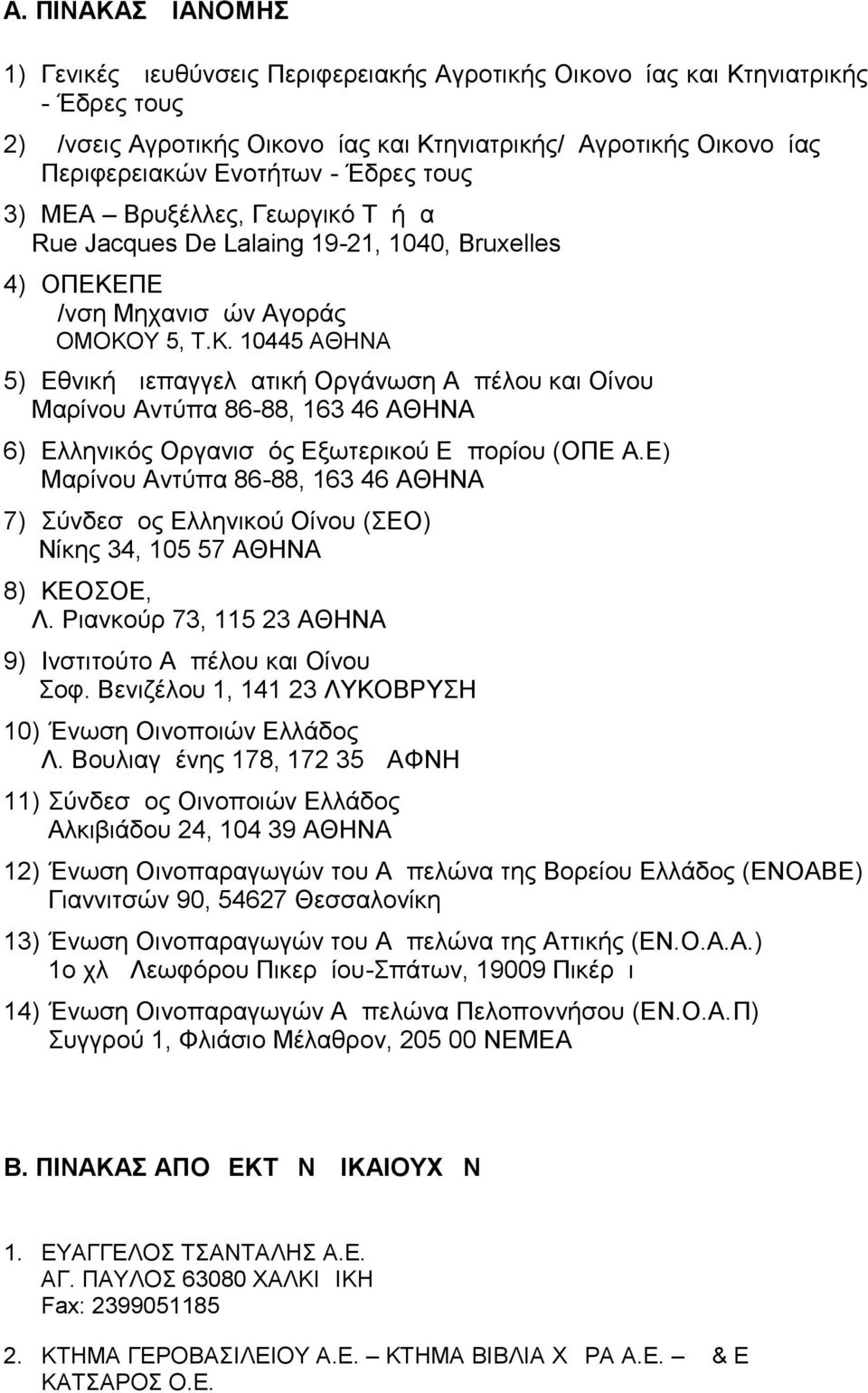 ΠΕ Δ/νση Μηχανισμών Αγοράς ΔΟΜΟΚΟΥ 5, Τ.Κ. 10445 ΑΘΗΝΑ 5) Εθνική Διεπαγγελματική Οργάνωση Αμπέλου και Οίνου Μαρίνου Αντύπα 86-88, 163 46 ΑΘΗΝΑ 6) Ελληνικός Οργανισμός Εξωτερικού Εμπορίου (ΟΠΕ Α.