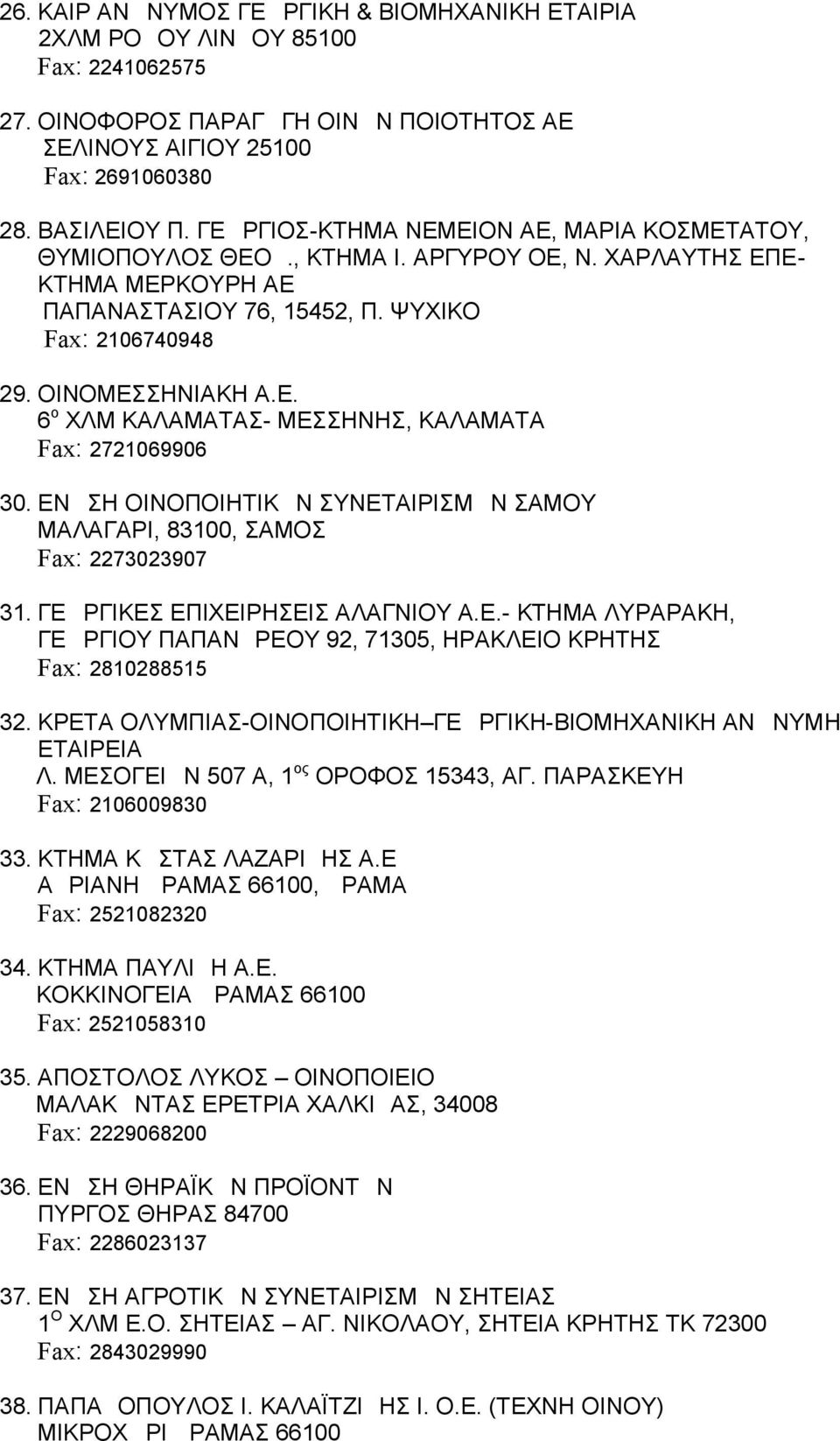 ΕΝΩΣΗ ΟΙΝΟΠΟΙΗΤΙΚΩΝ ΣΥΝΕΤΑΙΡΙΣΜΩΝ ΣΑΜΟΥ ΜΑΛΑΓΑΡΙ, 83100, ΣΑΜΟΣ Fax: 2273023907 31. ΓΕΩΡΓΙΚΕΣ ΕΠΙΧΕΙΡΗΣΕΙΣ ΑΛΑΓΝΙΟΥ Α.Ε.- ΚΤΗΜΑ ΛΥΡΑΡΑΚΗ, ΓΕΩΡΓΙΟΥ ΠΑΠΑΝΔΡΕΟΥ 92, 71305, ΗΡΑΚΛΕΙΟ ΚΡΗΤΗΣ Fax: 2810288515 32.