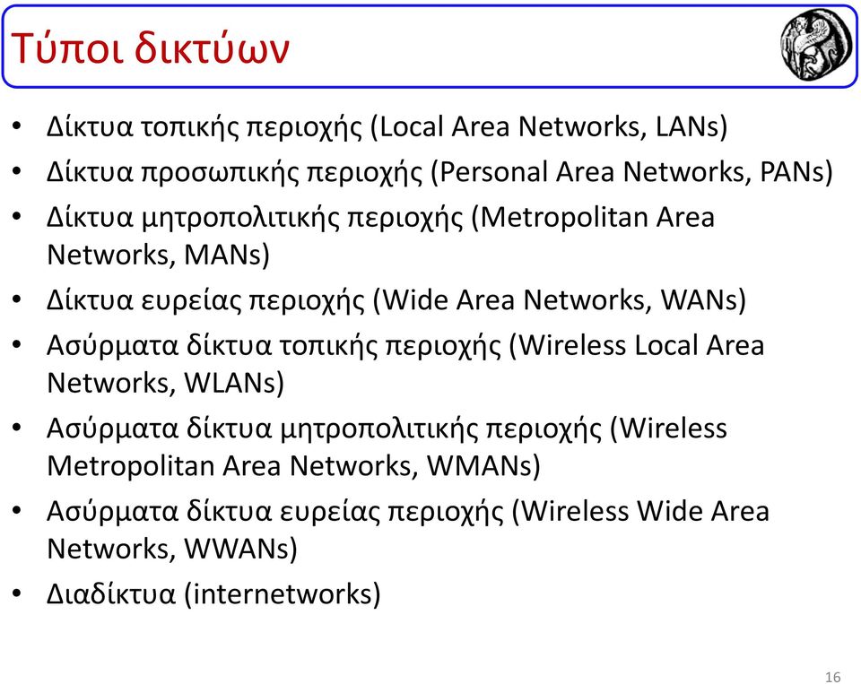 Ασύρματα δίκτυα τοπικής περιοχής (Wireless Local Area Networks, WLANs) Ασύρματα δίκτυα μητροπολιτικής περιοχής (Wireless
