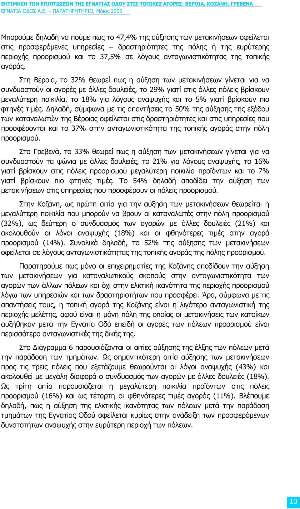 Στη Βέροια, το 32% θεωρεί πως η αύξηση των µετακινήσεων γίνεται για να συνδυαστούν οι αγορές µε άλλες δουλειές, το 29% γιατί στις άλλες πόλεις βρίσκουν µεγαλύτερη ποικιλία, το 18% για λόγους αναψυχής