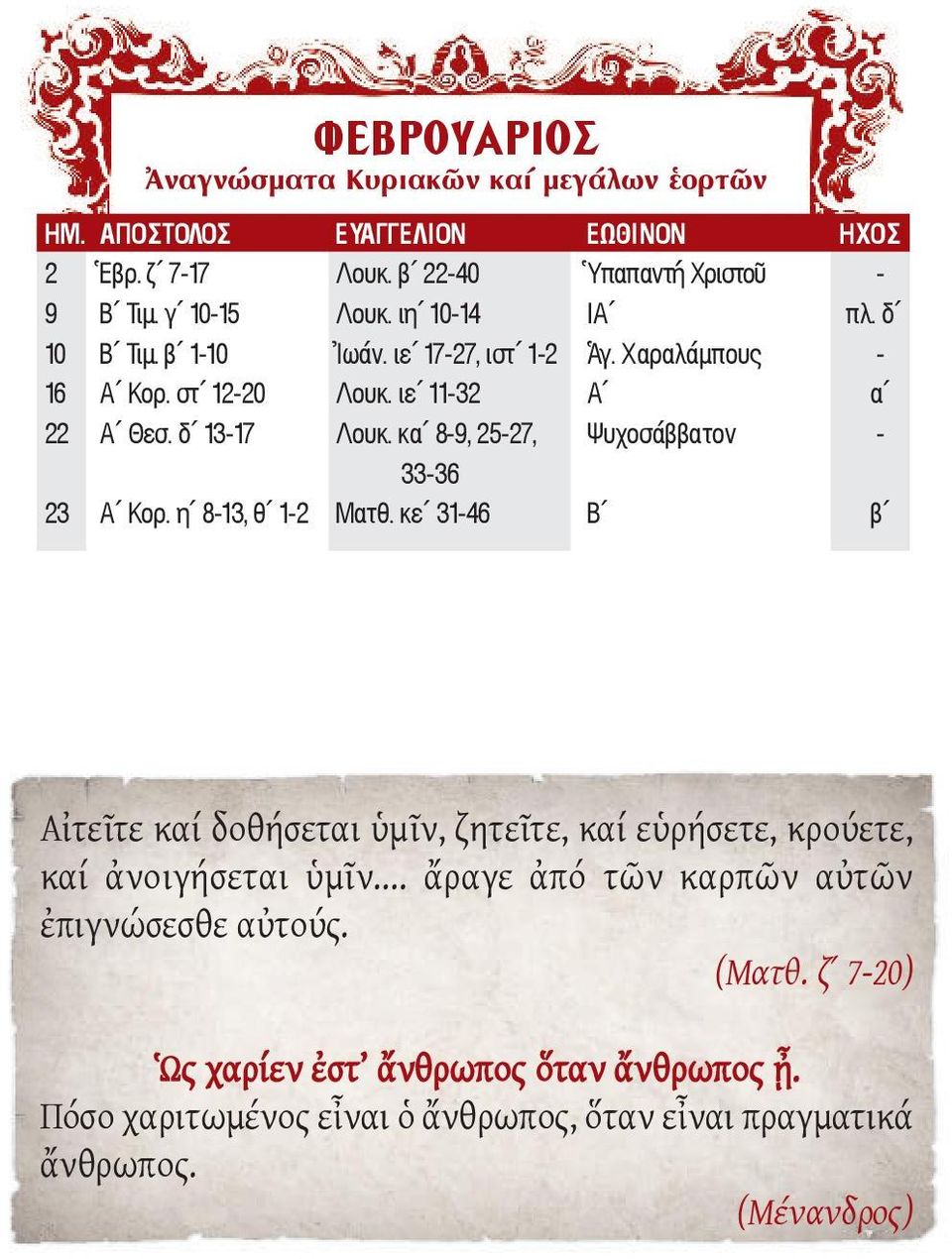 κα 8-9, 25-27, Ψυχοσάββατον - 33-36 23 Α Κορ. η 8-13, θ 1-2 Ματθ. κε 31-46 Β β Αἰτεῖτε καί δοθήσεται ὑμῖν, ζητεῖτε, καί εὑρήσετε, κρούετε, καί ἀνοιγήσεται ὑμῖν.