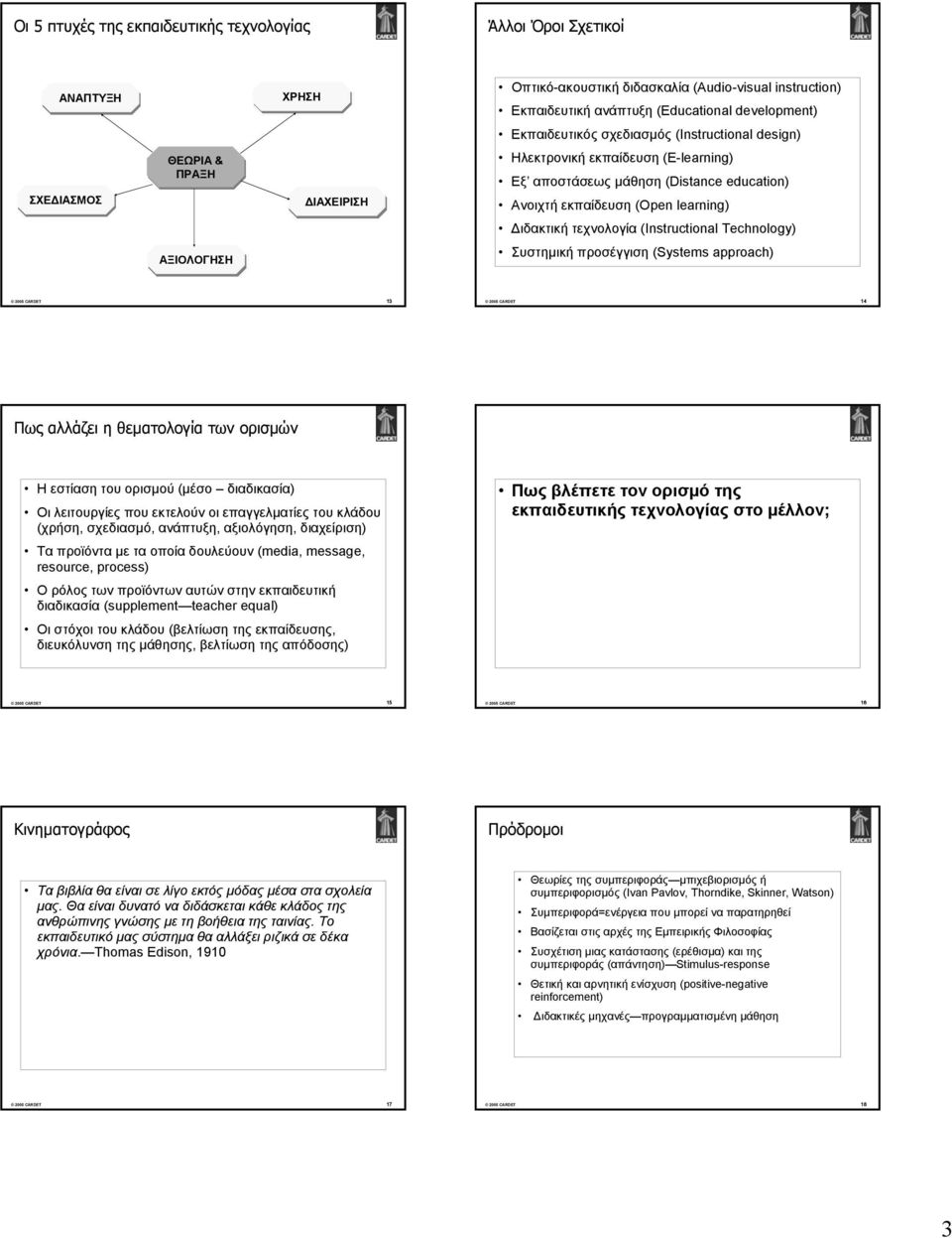 τεχνολογία (Instructional Technology) ΑΞΙΟΛΟΓΗΣΗ Συστημική προσέγγιση (Systems approach) 13 14 Πως αλλάζει η θεματολογία των ορισμών Η εστίαση του ορισμού (μέσο διαδικασία) Οι λειτουργίες που