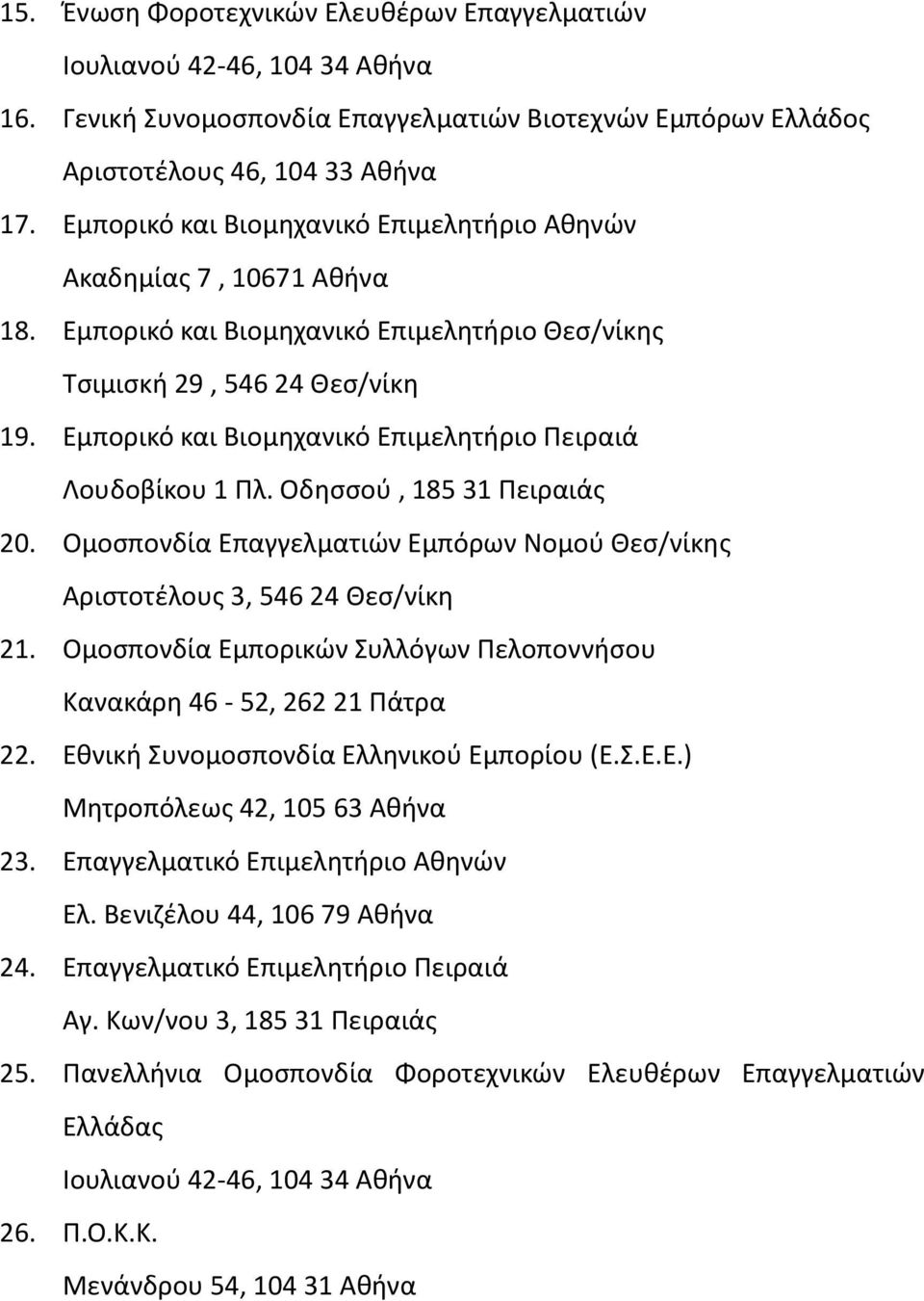 Εμπορικό και Βιομηχανικό Επιμελητήριο Πειραιά Λουδοβίκου 1 Πλ. Οδησσού, 185 31 Πειραιάς 20. Ομοσπονδία Επαγγελματιών Εμπόρων Νομού Θεσ/νίκης Αριστοτέλους 3, 546 24 Θεσ/νίκη 21.