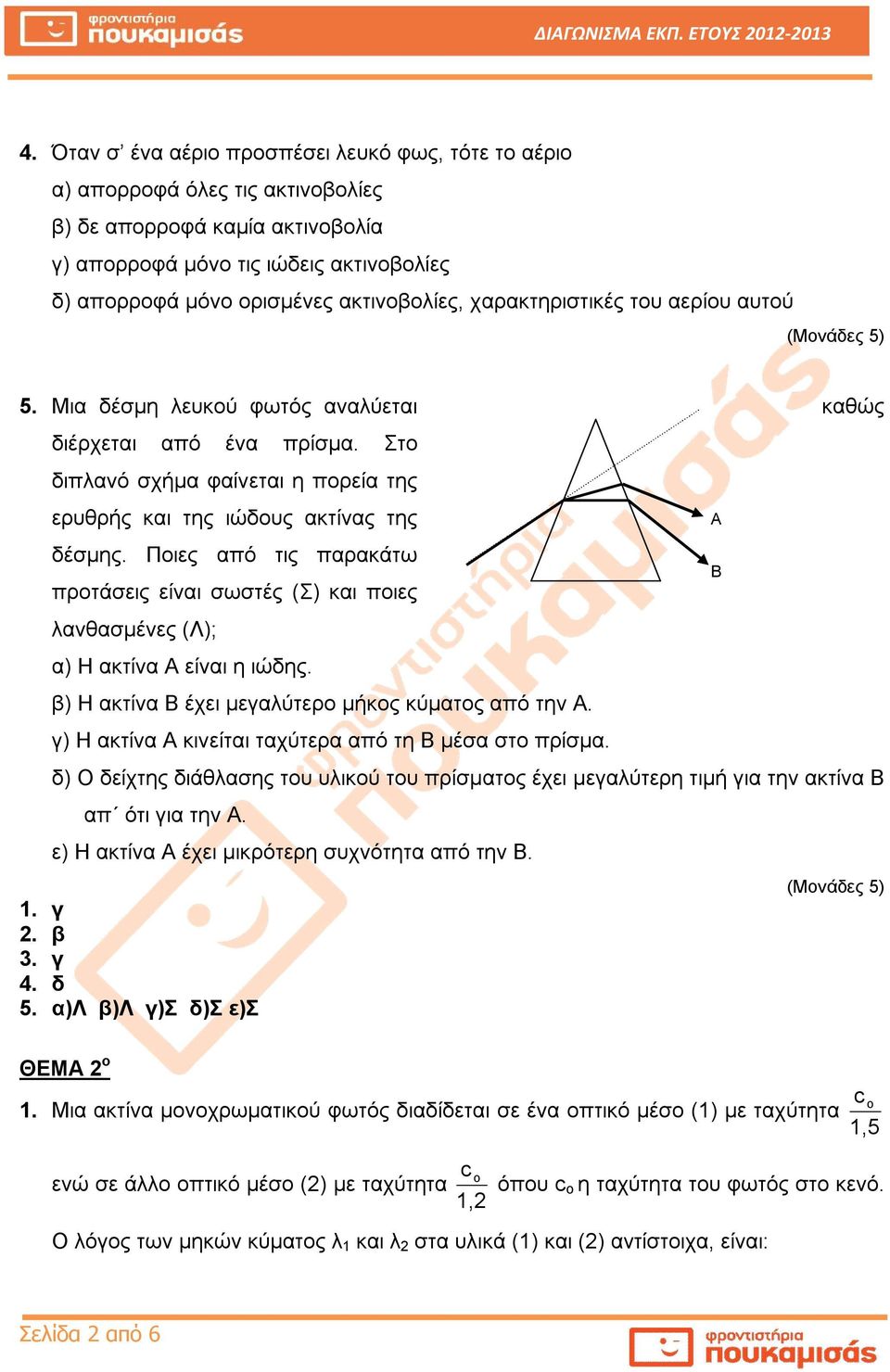 χαρακτηριστικές του αερίου αυτού 5. Μια δέσμη ευκού φωτός ααύεται καθώς διέρχεται από έα πρίσμα. Στο διπαό σχήμα φαίεται η πορεία της ερυθρής και της ιώδους ακτίας της δέσμης.