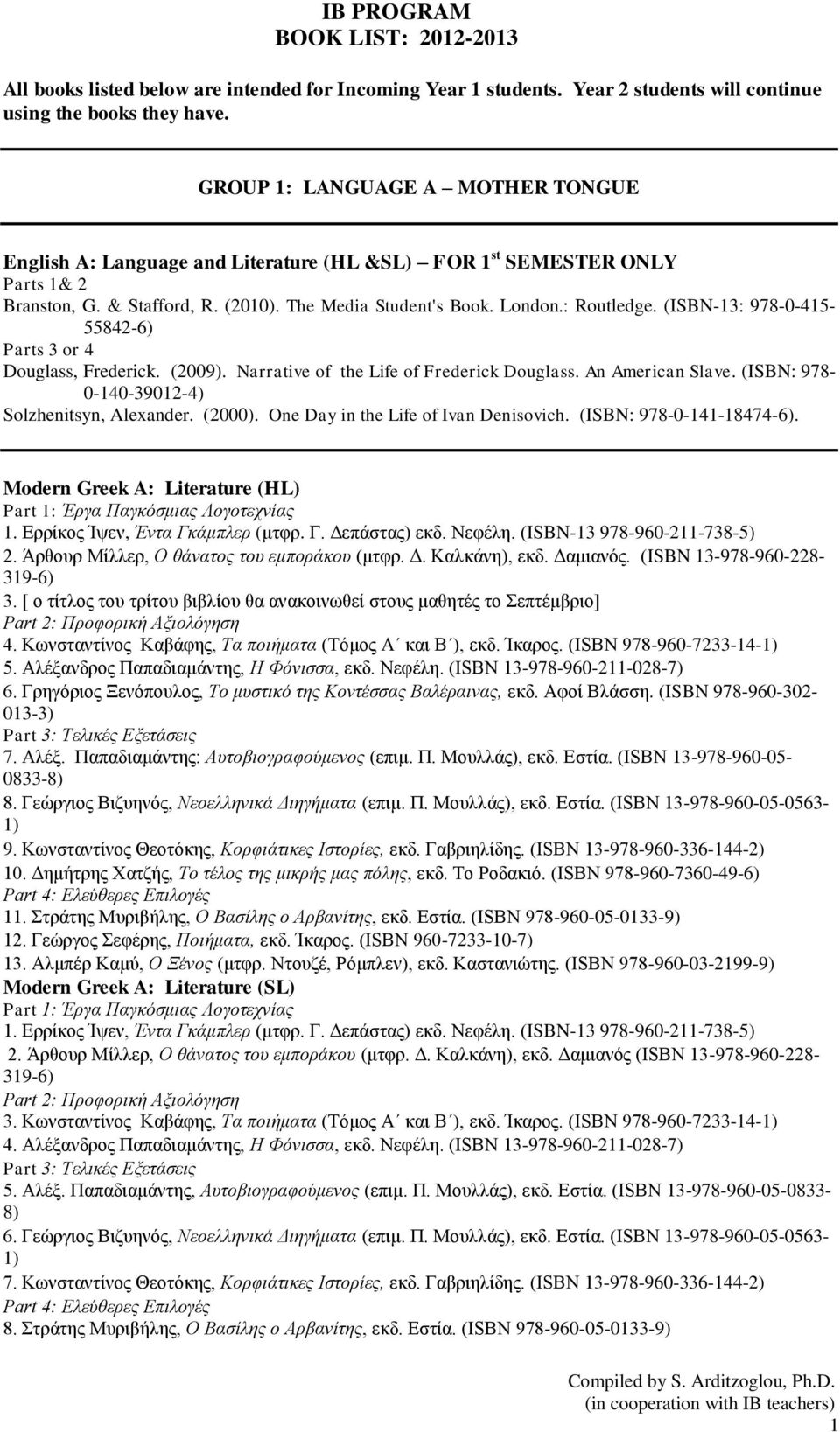 (ISBN-13: 978-0-415-55842-6) Parts 3 or 4 Douglass, Frederick. (2009). Narrative of the Life of Frederick Douglass. An American Slave. (ISBN: 978-0-140-39012-4) Solzhenitsyn, Alexander. (2000).