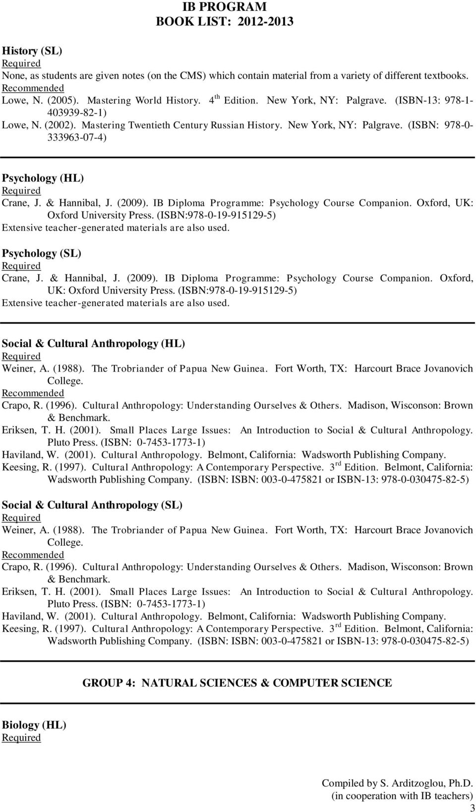 & Hannibal, J. (2009). IB Diploma Programme: Psychology Course Companion. Oxford, UK: Oxford University Press. (ISBN:978-0-19-915129-5) Psychology (SL) Crane, J. & Hannibal, J. (2009). IB Diploma Programme: Psychology Course Companion. Oxford, UK: Oxford University Press. (ISBN:978-0-19-915129-5) Social & Cultural Anthropology (HL) Weiner, A.