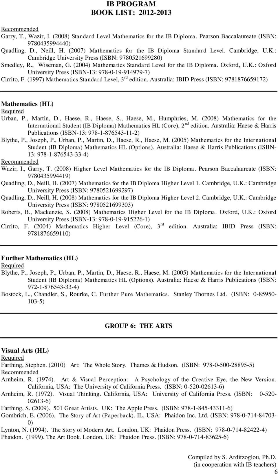 (1997) Mathematics Standard Level, 3 rd edition. Australia: IBID Press (ISBN: 9781876659172) Mathematics (HL) Urban, P., Martin, D., Haese, R., Haese, S., Haese, M., Humphries, M.