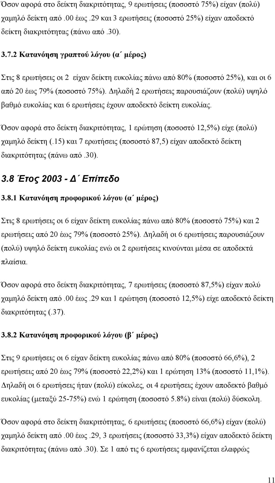 2 Κατανόηση γραπτού λόγου (α μέρος) Στις 8 ερωτήσεις οι 2 είχαν δείκτη ευκολίας πάνω από 80% (ποσοστό 25%), και οι 6 από 20 έως 79% (ποσοστό 75%).