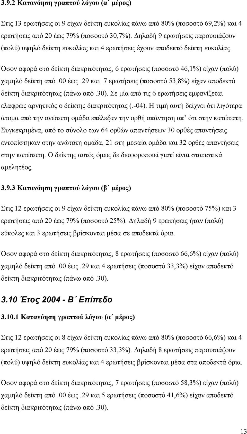 Όσον αφορά στο δείκτη διακριτότητας, 6 ερωτήσεις (ποσοστό 46,1%) είχαν (πολύ) χαμηλό δείκτη από.00 έως.