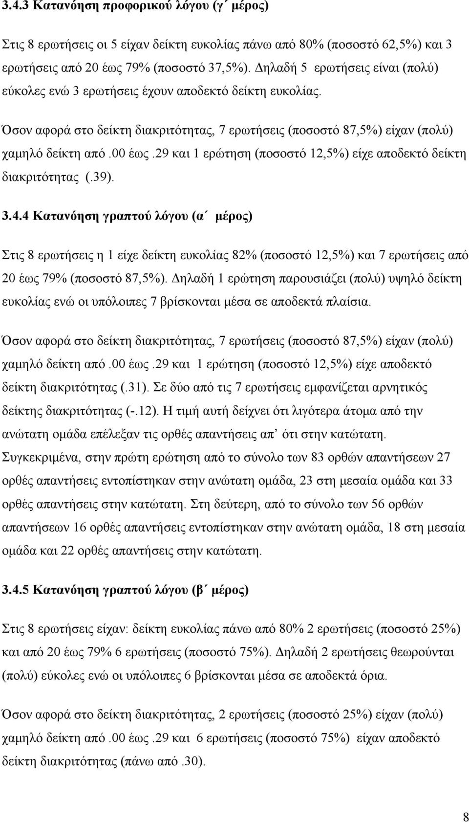 29 και 1 ερώτηση (ποσοστό 12,5%) είχε αποδεκτό δείκτη διακριτότητας (.39). 3.4.