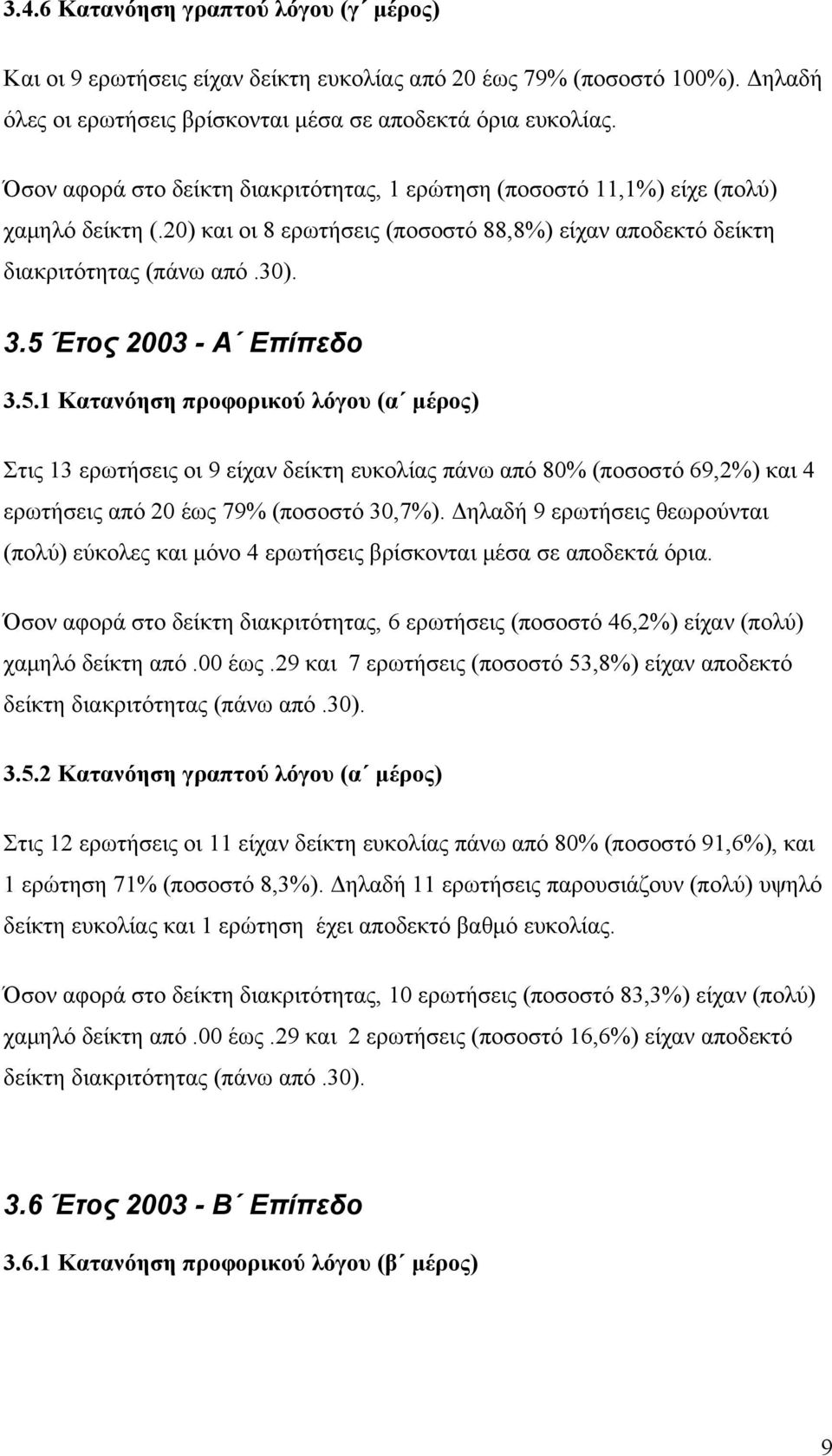 5 Έτος 2003 - Α Επίπεδο 3.5.1 Κατανόηση προφορικού λόγου (α μέρος) Στις 13 ερωτήσεις οι 9 είχαν δείκτη ευκολίας πάνω από 80% (ποσοστό 69,2%) και 4 ερωτήσεις από 20 έως 79% (ποσοστό 30,7%).