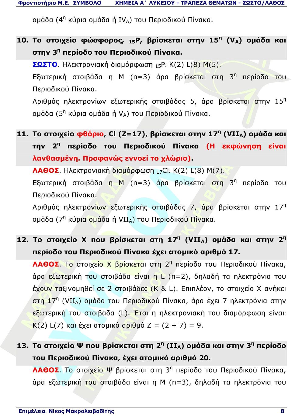 Αριθµός ηλεκτρονίων εξωτερικής στοιβάδας 5, άρα βρίσκεται στην 15η οµάδα (5η κύρια οµάδα ή VA) του Περιοδικού Πίνακα. 11.