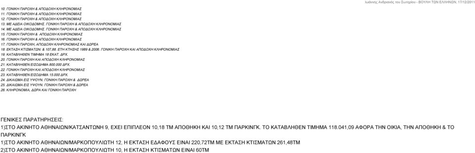 ΕΚΤΑΣΗ ΚΤΙΣΜΑΤΩΝ: & 107,88. ΕΤΗ ΚΤΗΣΗΣ 1989 & 2006. ΓΟΝΙΚΗ ΠΑΡΟΧΗ ΚΑΙ ΑΠΟΔΟΧΗ ΚΛΗΡΟΝΟΜΙΑΣ 19. ΚΑΤΑΒΛΗΘΕΝ ΤΙΜΗΜΑ 18 ΕΚΑΤ. ΔΡΧ. 20. ΓΟΝΙΚΗ ΠΑΡΟΧΗ ΚΑΙ ΑΠΟΔΟΧΗ ΚΛΗΡΟΝΟΜΙΑΣ 21. ΚΑΤΑΒΛΗΘΕΝ ΕΙΣΟΔΗΜΑ 800.