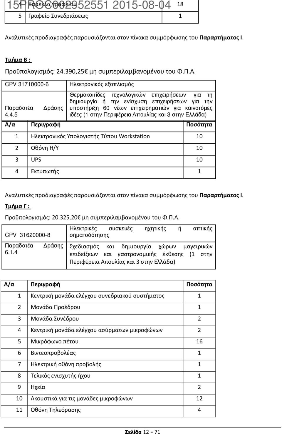 Περιφέρεια Απουλίας και 3 στην Ελλάδα) Α/α Περιγραφή Ποσότητα 1 Ηλεκτρονικός Υπολογιστής Τύπου Workstation 10 2 Οθόνη H/Y 10 3 UPS 10 4 Εκτυπωτής 1 Αναλυτικές προδιαγραφές παρουσιάζονται στον πίνακα