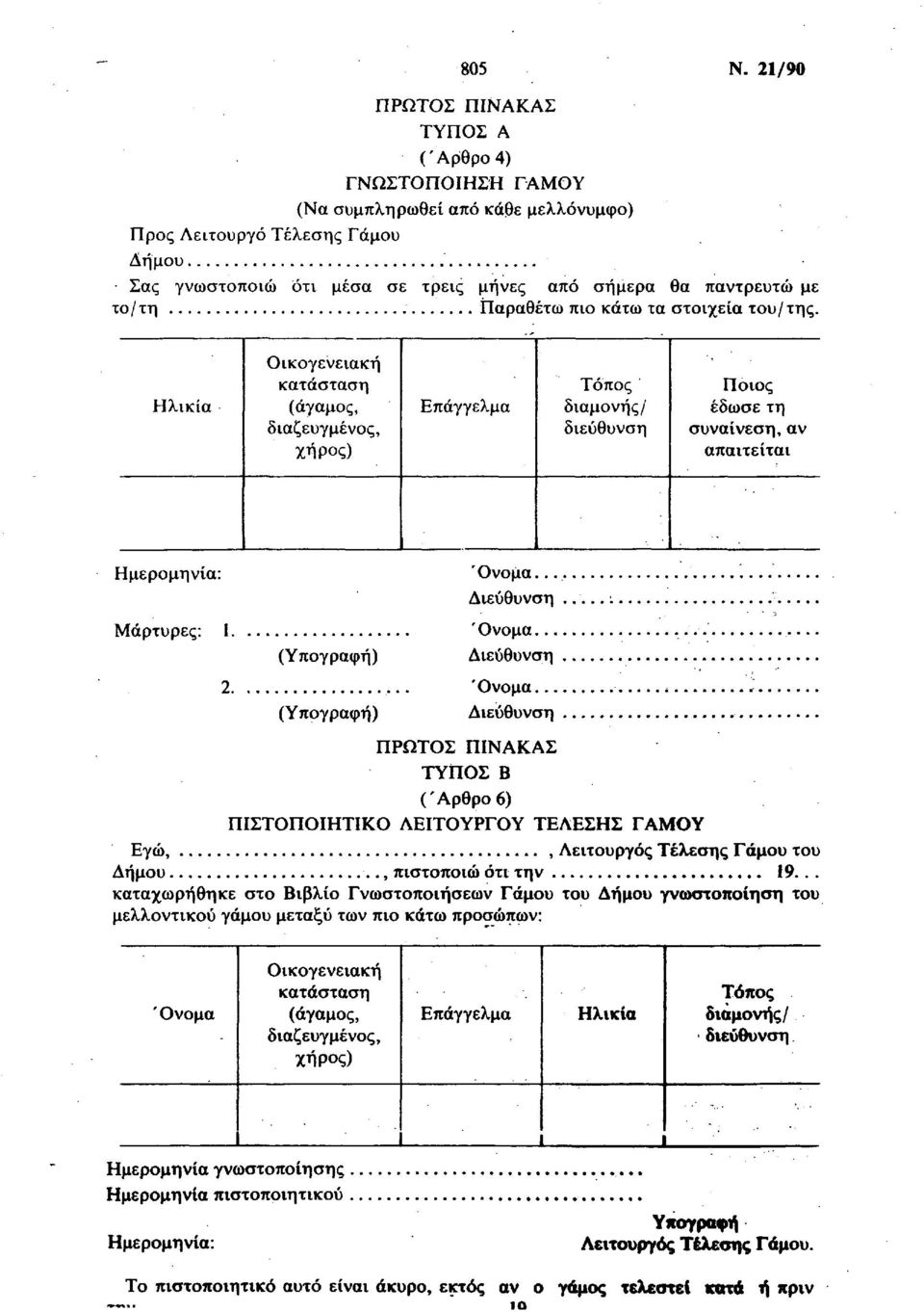 κάτω τα στοιχεία του/της. Ηλικία Οικογενειακή κατάσταση (άγαμος, διαζευγμένος, χήρος) Επάγγελμα Τόπος διαμονής/ διεύθυνση Ποιος έδωσε τη συναίνεση, αν απαιτείται Ημερομηνία: Μάρτυρες: 1.