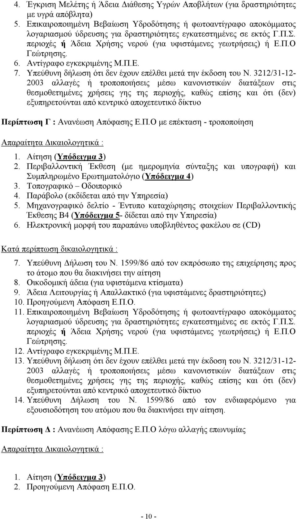 Π.Ο Γεώτρησης. 6. Αντίγραφο εγκεκριμένης Μ.Π.Ε. 7. Υπεύθυνη δήλωση ότι δεν έχουν επέλθει μετά την έκδοση του Ν.