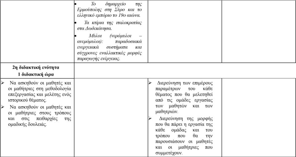 Τα κτίρια της ιταλοκρατίας στα Δωδεκάνησα. Μύλοι (νερόμυλοι ανεμόμυλοι): παραδοσιακά ενεργειακά συστήματα και σύγχρονες εναλλακτικές μορφές παραγωγής ενέργειας.