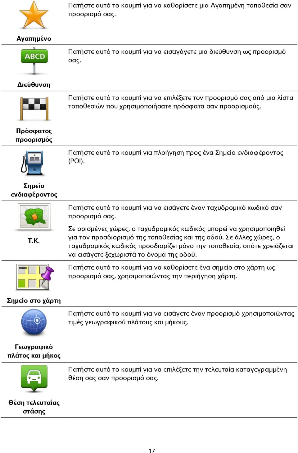 Πρόσφατος προορισμός Πατήστε αυτό το κουμπί για πλοήγηση προς ένα Σημείο ενδιαφέροντος (POI). Σημείο ενδιαφέροντος Πατήστε αυτό το κουμπί για να εισάγετε έναν ταχυδρομικό κωδικό σαν προορισμό σας. Τ.