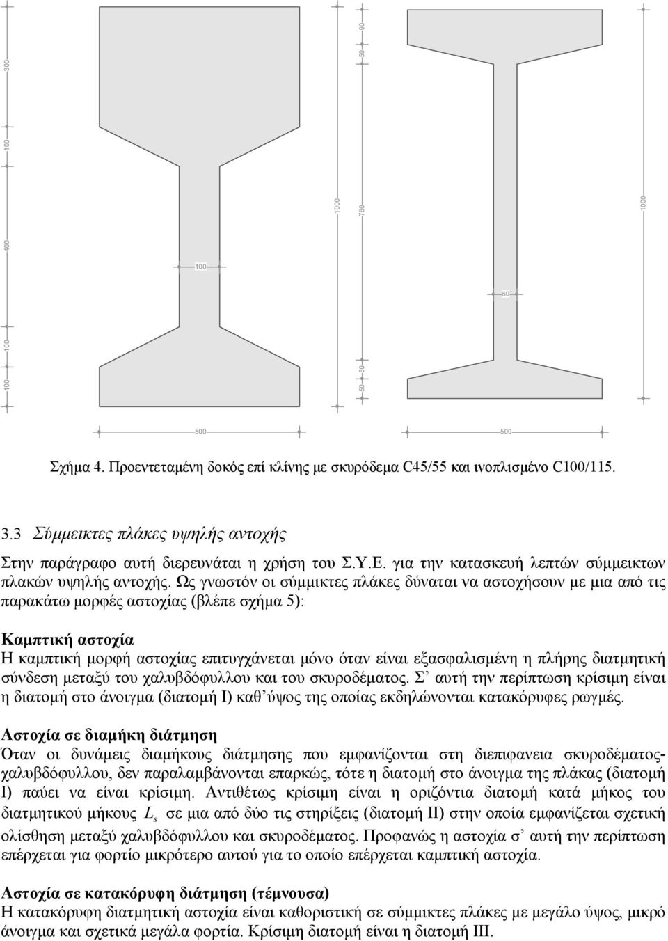 Ως γνωστόν οι σύµµικτες πλάκες δύναται να αστοχήσουν µε µια από τις παρακάτω µορφές αστοχίας (βλέπε σχήµα 5): Καµπτική αστοχία Η καµπτική µορφή αστοχίας επιτυγχάνεται µόνο όταν είναι εξασφαλισµένη η