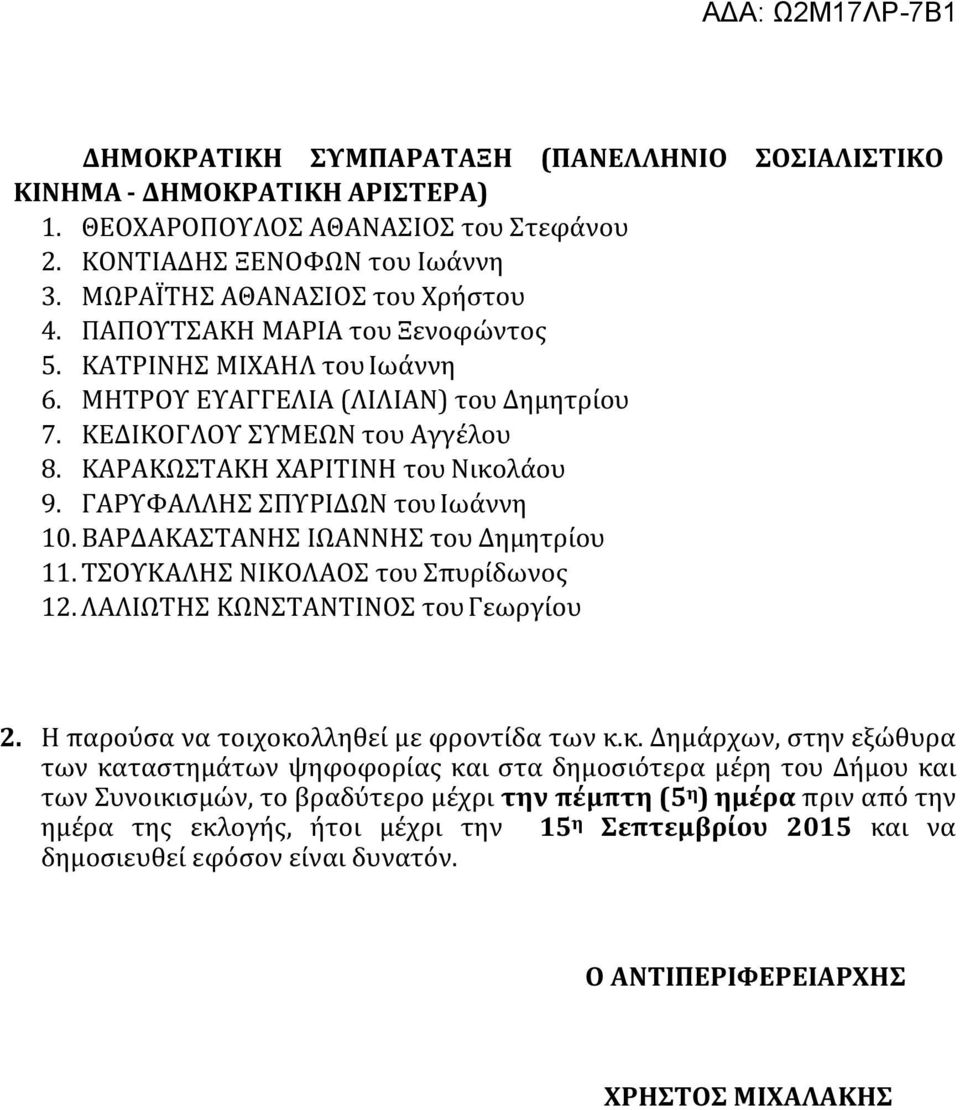 ΓΑΡΥΦΑΛΛΗΣ ΣΠΥΡΙΔΩΝ του Ιωάννη 10. ΒΑΡΔΑΚΑΣΤΑΝΗΣ ΙΩΑΝΝΗΣ του Δημητρίου 11. ΤΣΟΥΚΑΛΗΣ ΝΙΚΟΛΑΟΣ του Σπυρίδωνος 12. ΛΑΛΙΩΤΗΣ ΚΩΝΣΤΑΝΤΙΝΟΣ του Γεωργίου 2. Η παρούσα να τοιχοκο