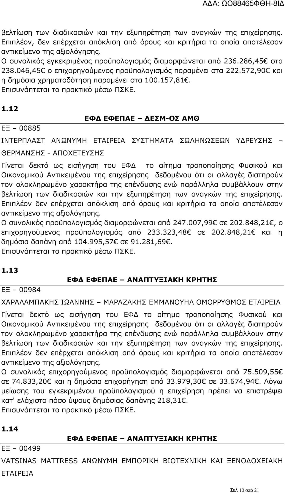 0.157,81. 1.12 ΕΞ 00885 ΕΦΔ ΕΦΕΠΑΕ ΔΕΣΜ-ΟΣ ΑΜΘ ΙΝΤΕΡΠΛΑΣΤ ΑΝΩΝΥΜΗ ΕΤΑΙΡΕΙΑ ΣΥΣΤΗΜΑΤΑ ΣΩΛΗΝΩΣΕΩΝ ΥΔΡΕΥΣΗΣ ΘΕΡΜΑΝΣΗΣ - ΑΠΟΧΕΤΕΥΣΗΣ Ο συνολικός προϋπολογισμός διαμορφώνεται από 247.007,99 σε 202.