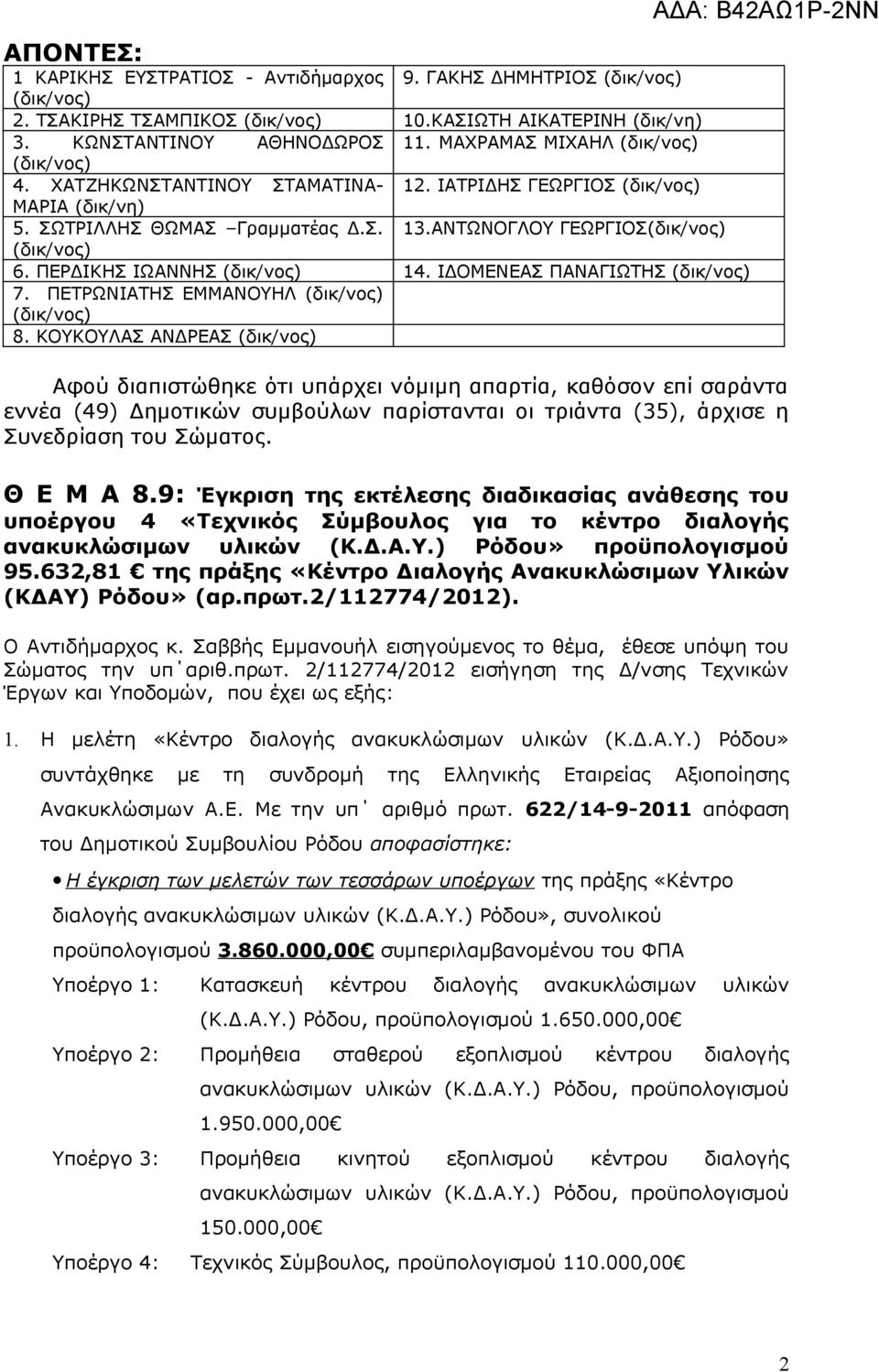 ΚΟΥΚΟΥΛΑΣ ΑΝΔΡΕΑΣ ΑΔΑ: Β42ΑΩ1Ρ-2ΝΝ Αφού διαπιστώθηκε ότι υπάρχει νόμιμη απαρτία, καθόσον επί σαράντα εννέα (49) Δημοτικών συμβούλων παρίστανται οι τριάντα (35), άρχισε η Συνεδρίαση του Σώματος.