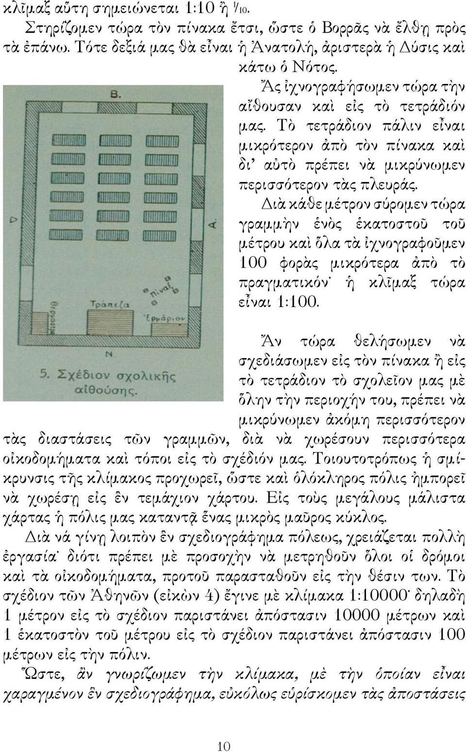 Διὰ κάθε μέτρον σύρομεν τώρα γραμμὴν ἑνὸς ἑκατοστοῦ τοῦ μέτρου καὶ ὅλα τὰ ἰχνογραφοῦμεν 100 φορὰς μικρότερα ἀπὸ τὸ πραγματικόν ἡ κλῖμαξ τώρα εἶναι 1:100.