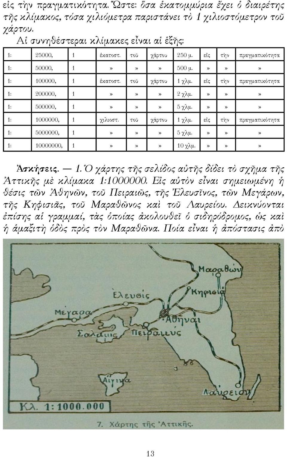 »»» 1: 1000000, 1 χιλιοστ. τοῦ χάρτου 1 χλμ. εἰς τὴν πραγματικότητα 1: 5000000, 1»»» 5 χλμ.»»» 1: 10000000, 1»»» 10 χλμ.»»» Ἀσκήσεις. 1. Ὁ χάρτης τῆς σελίδος αὐτῆς δίδει τὸ σχῆμα τῆς Ἀττικῆς μὲ κλίμακα 1:1000000.