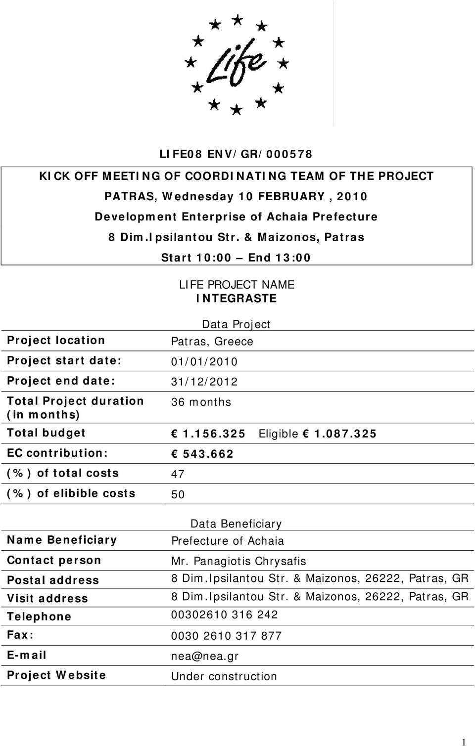 (in months) 36 months Total budget 1.156.325 Eligible 1.087.325 EC contribution: 543.