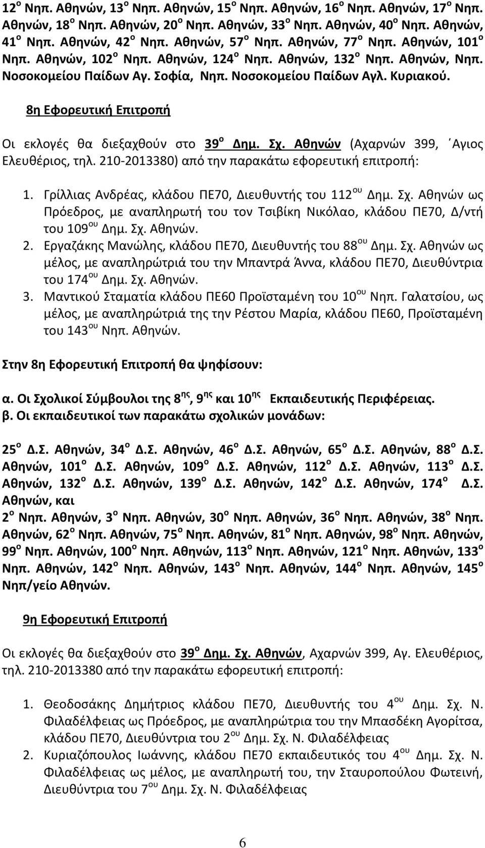 8η Εφορευτική Επιτροπή Οι εκλογές θα διεξαχθούν στο 39 ο Δημ. Σχ. Αθηνών (Αχαρνών 399, Αγιος Ελευθέριος, τηλ. 210-2013380) από την παρακάτω εφορευτική επιτροπή: 1.