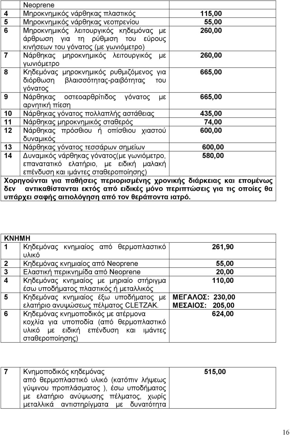 µε 665,00 αρνητική πίεση 10 Νάρθηκας γόνατος πολλαπλής αστάθειας 435,00 11 Νάρθηκας µηροκνηµικός σταθερός 74,00 12 Νάρθηκας πρόσθιου ή οπίσθιου χιαστού 600,00 δυναµικός 13 Νάρθηκας γόνατος τεσσάρων