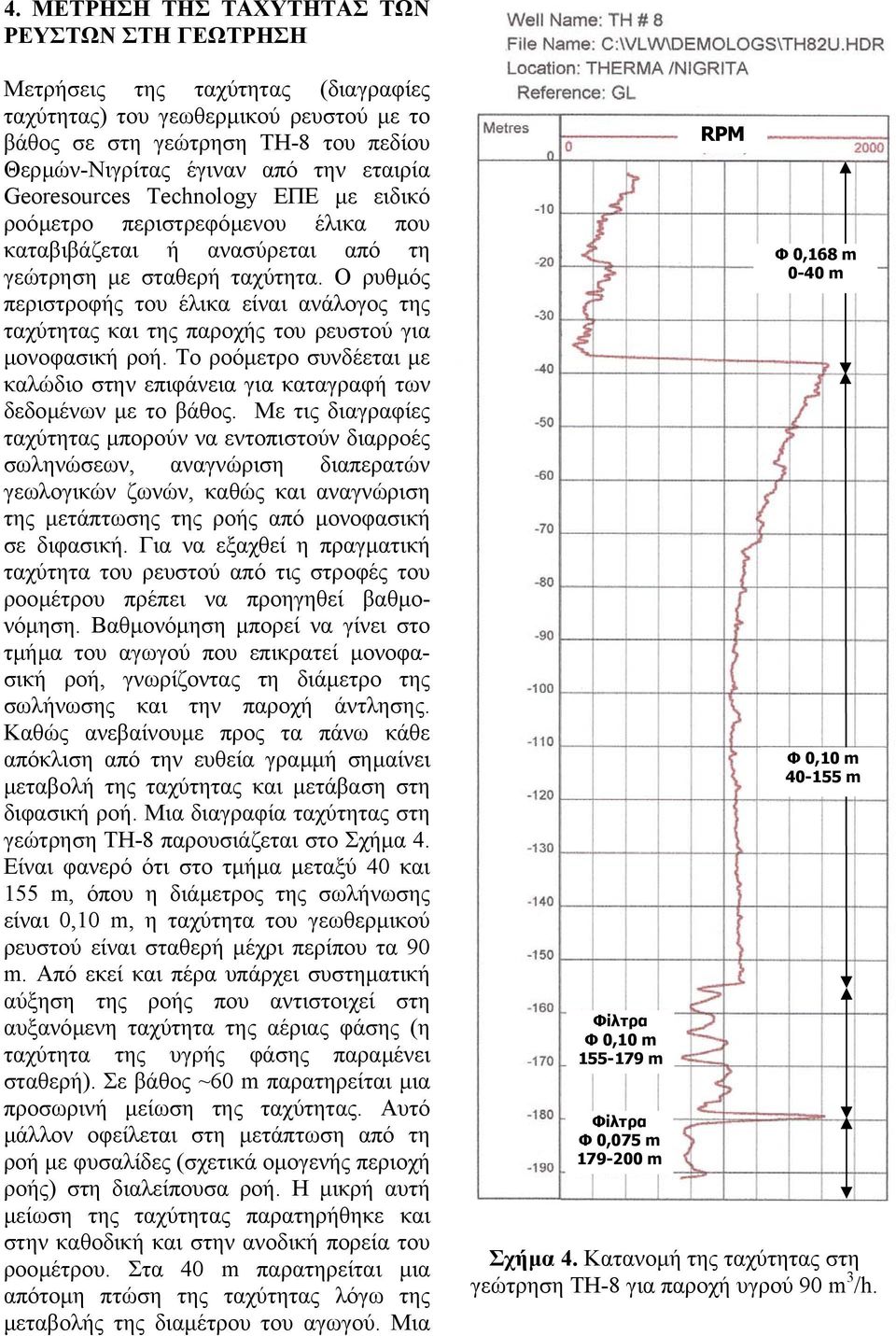 Ο ρυθµός περιστροφής του έλικα είναι ανάλογος της ταχύτητας και της παροχής του ρευστού για µονοφασική ροή. Το ροόµετρο συνδέεται µε καλώδιο στην επιφάνεια για καταγραφή των δεδοµένων µε το βάθος.