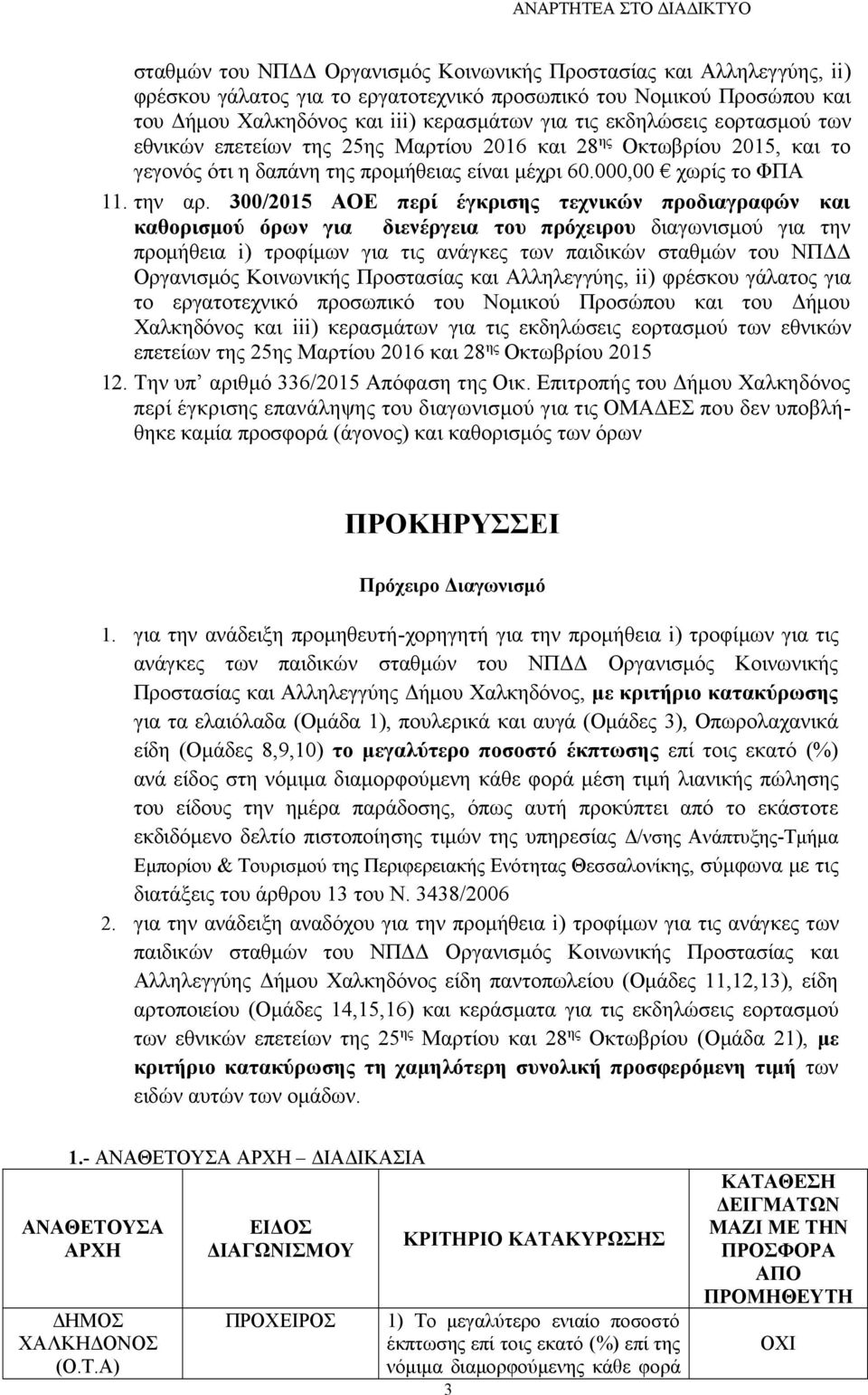 300/2015 ΑΟΕ περί έγκρισης τεχνικών προδιαγραφών και καθορισµού όρων για διενέργεια του πρόχειρου διαγωνισµού για την προµήθεια i) τροφίµων για τις ανάγκες των παιδικών  εορτασµού των εθνικών