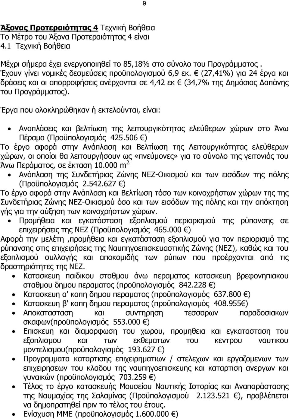 Έργα που ολοκληρώθηκαν ή εκτελούνται, είναι: Αναπλάσεις και βελτίωση της λειτουργικότητας ελεύθερων χώρων στο Άνω Πέραµα (Προϋπολογισµός 425.