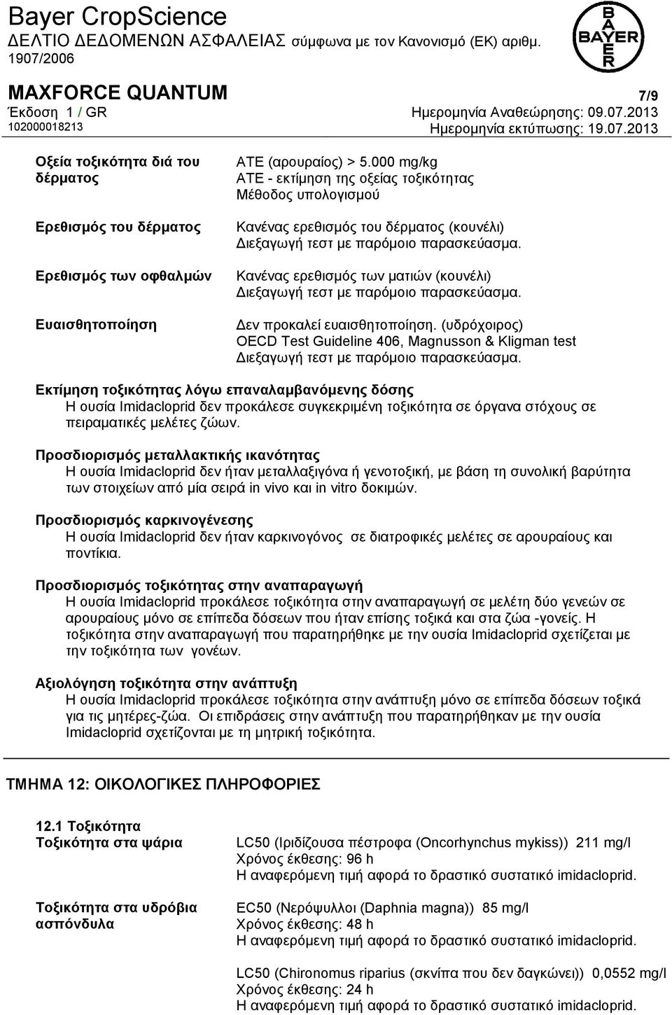 Κανένας ερεθισμός των ματιών (κουνέλι) Διεξαγωγή τεστ με παρόμοιο παρασκεύασμα. Δεν προκαλεί ευαισθητοποίηση.