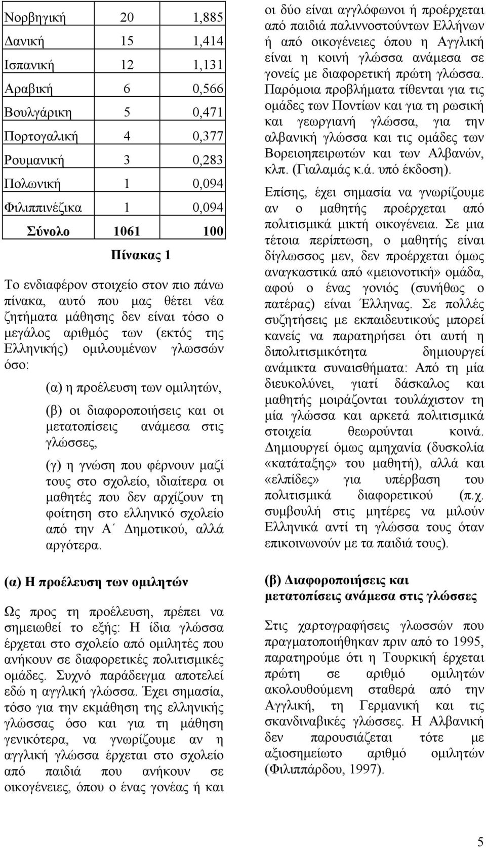 οι διαφοροποιήσεις και οι µετατοπίσεις ανάµεσα στις γλώσσες, (γ) η γνώση που φέρνουν µαζί τους στο σχολείο, ιδιαίτερα οι µαθητές που δεν αρχίζουν τη φοίτηση στο ελληνικό σχολείο από την Α ηµοτικού,