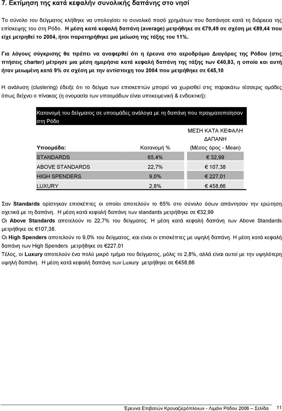 Για λόγους σύγκρισης θα πρέπει να αναφερθεί ότι η έρευνα στο αεροδρόµιο ιαγόρας της Ρόδου (στις πτήσεις charter) µέτρησε µια µέση ηµερήσια κατά κεφαλή δαπάνη της τάξης των 40,83, η οποία και αυτή