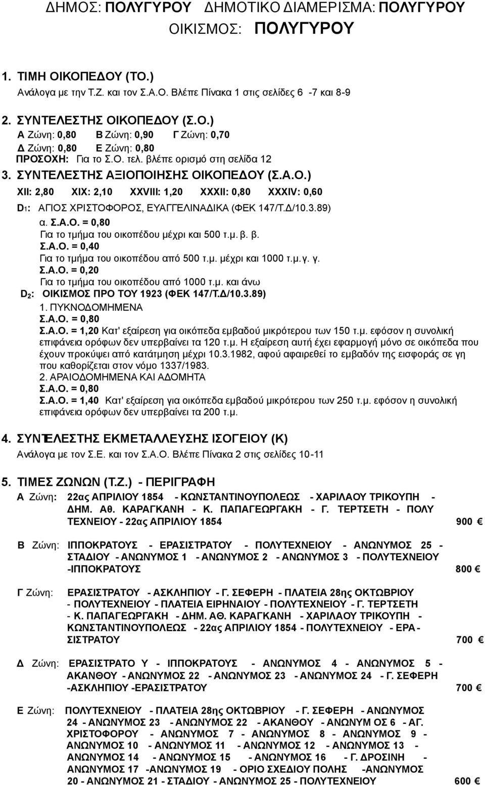 μ. β. β. Σ.Α.Ο. = 0,40 Για το τμήμα του οικοπέδου από 500 τ.μ. μέχρι και 1000 τ.μ.γ. γ. Σ.Α.Ο. = 0,20 Για το τμήμα του οικοπέδου από 1000 τ.μ. και άνω ΟΙΚΙΣΜΟΣ ΠΡΟ ΤΟΥ 1923 (ΦΕΚ 147/Τ.Δ/10.3.89) 1.