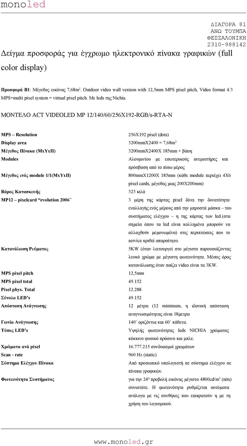 ΜΟΝΤΕΛΟ ACT VIDEOLED MP 12/140/60/256X192-RGB/s-RTA-N Display area 3200mmX2400 = 7,68m 2 3200mmX2400X 185mm + βάση 800mmX1200X 185mm (κάθε module