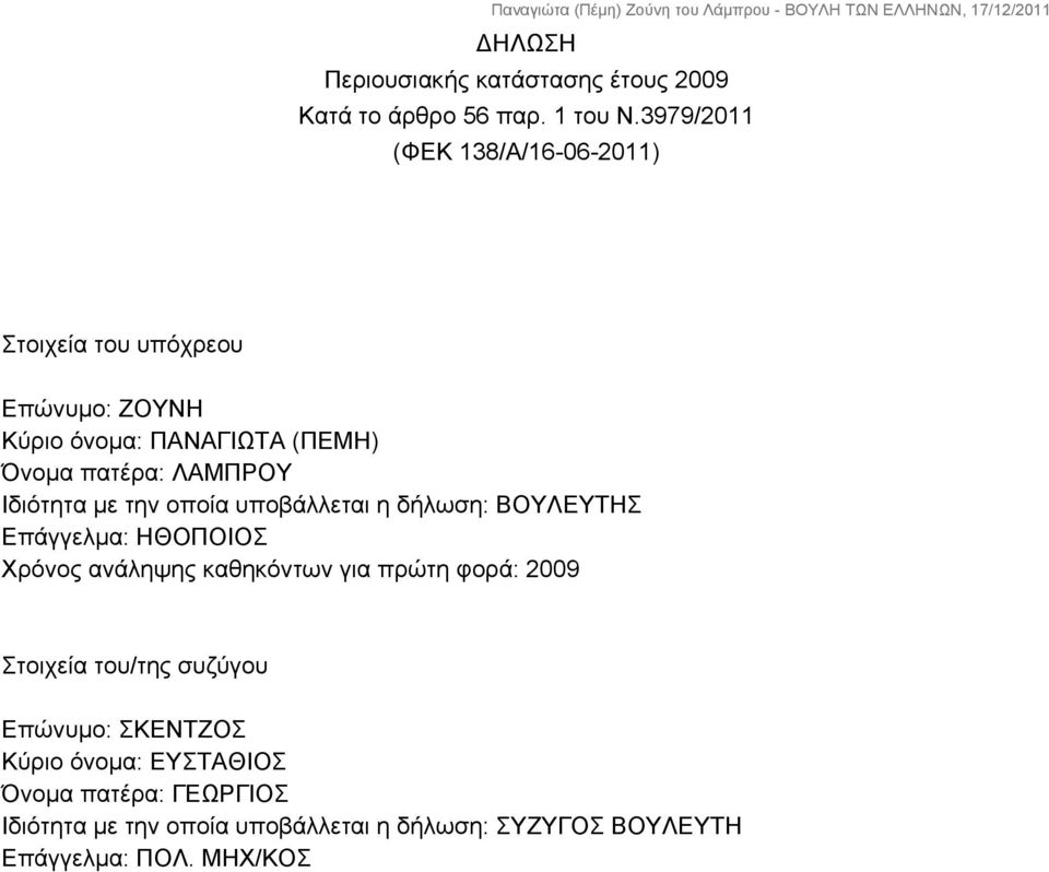 ΛΑΜΠΡΟΥ Ιδιότητα με την οποία υποβάλλεται η δήλωση: ΒΟΥΛΕΥΤΗΣ Επάγγελμα: ΗΘΟΠΟΙΟΣ Χρόνος ανάληψης καθηκόντων για πρώτη