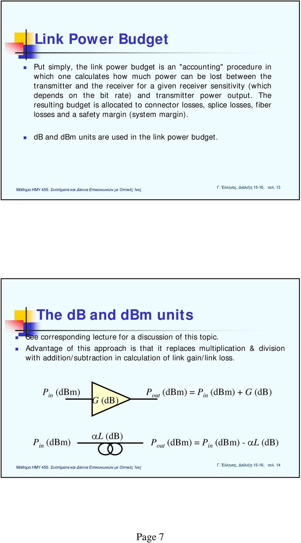 db and dbm units are used in the link power budget. Γ. Έλληνας, Διάλεξη 15-16, σελ. 13 The db and dbm units See corresponding lecture for a discussion of this topic.