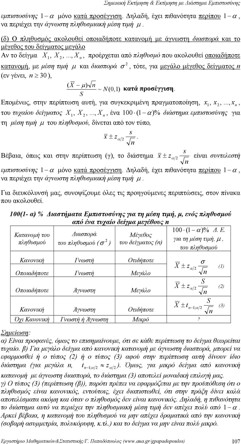 δείγματος (εν γένει, 30, ( μ ~ N(0, κατά προέγγιη S Επομένως, την περίπτωη αυτή, για υγκεκριμένη πραγματοποίηη, x, x,, x, του τυχαίου δείγματος,,,, ένα 00 ( α% διάτημα εμπιτούνης για τη μέη τιμή μ